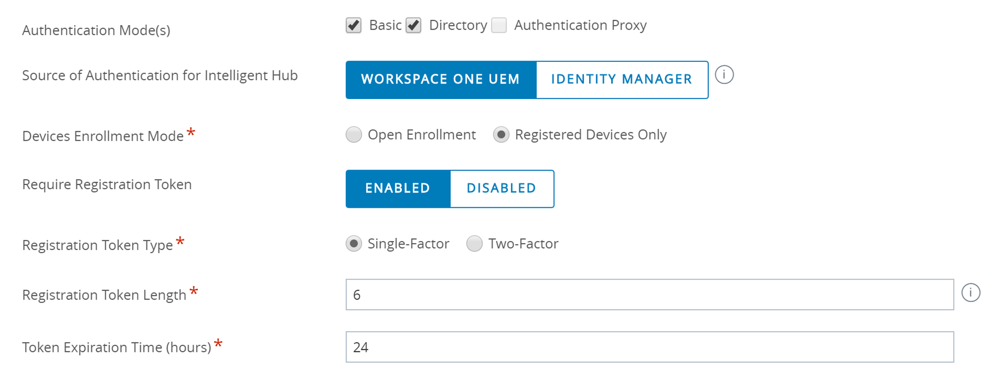 Esta captura de pantalla muestra la pestaña Autenticación en las opciones General > Inscripción, con todas las opciones de token de registro habilitadas.