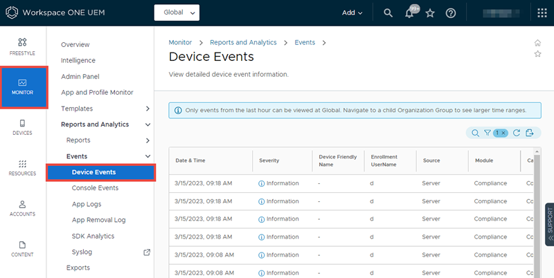 Esta captura de pantalla muestra la página Eventos del dispositivo, donde puede revisar el registro de eventos del dispositivo.