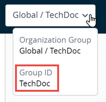 Esta captura de pantalla parcial demuestra cómo al pasar el puntero del ratón sobre la etiqueta de GO en UEM se muestra una ventana emergente que contiene el ID de grupo del GO en el que se encuentra.