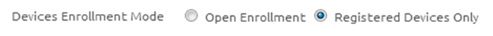 Esta captura de pantalla parcial muestra los ajustes de inscripción que se encuentran en los ajustes del sistema Dispositivos y usuarios, General, Inscripción