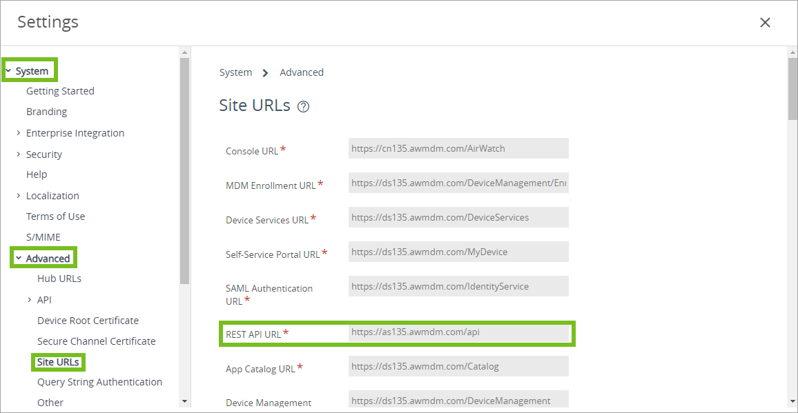 Muestra la ubicación de las URL de los sitios en UEM Console
