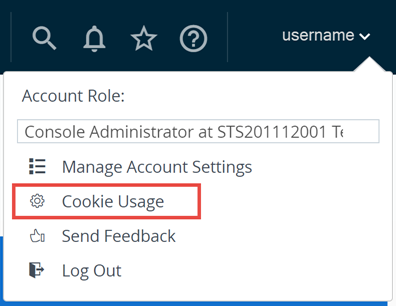 Esta captura de pantalla parcial muestra el menú desplegable Cuenta de nombre de usuario cuando inicia sesión en su cuenta de VMware Cloud Services, donde se muestra una selección de Uso de cookies, que le permite configurarlas.