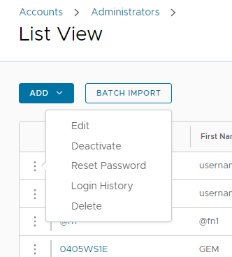 Esta captura de pantalla parcial muestra la ventana emergente de acción de la Vista de lista de cuentas de administrador, donde puede cambiar numerosos elementos de una cuenta.