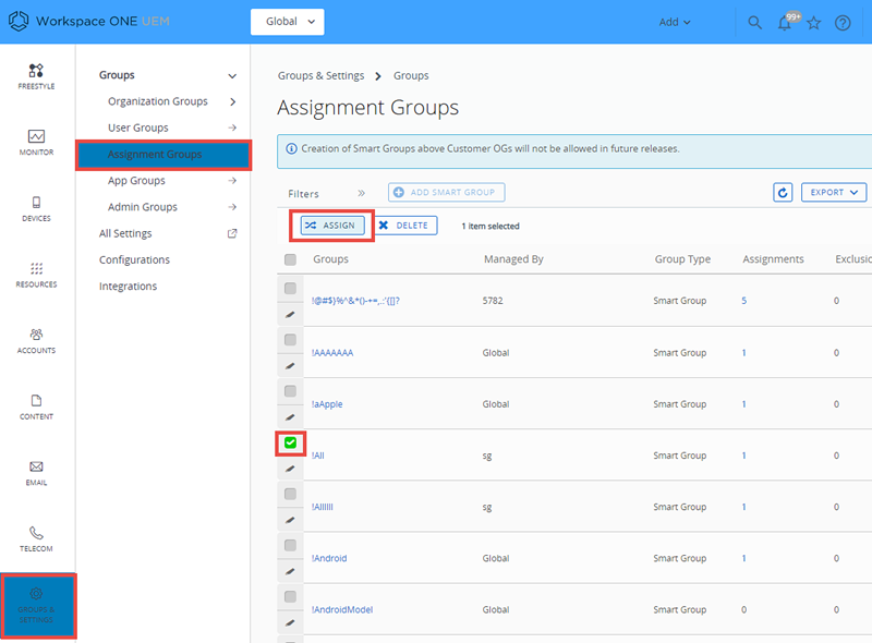 Esta captura de pantalla muestra la Vista de lista de grupos de asignación, donde puede asignar grupos inteligentes inmediatamente después de crearlos.