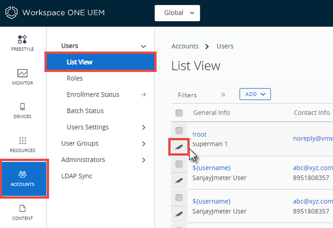 Esta captura de pantalla muestra la Vista de lista de Cuentas, Usuarios, donde puede configurar los ajustes de inscripción provisional para cualquier usuario final de dispositivo.