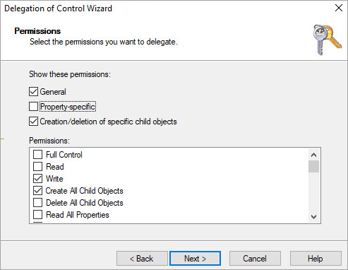 La ventana Delegación de control muestra la sección Permisos con las selecciones General, Creación/Eliminación, Escribir y Crear todos los objetos secundarios seleccionadas antes de seleccionar Siguiente