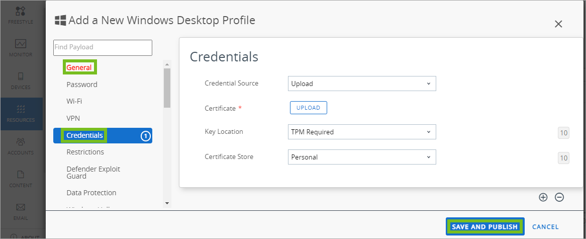 Se muestra cómo agregar el perfil de credenciales en UEM Console.