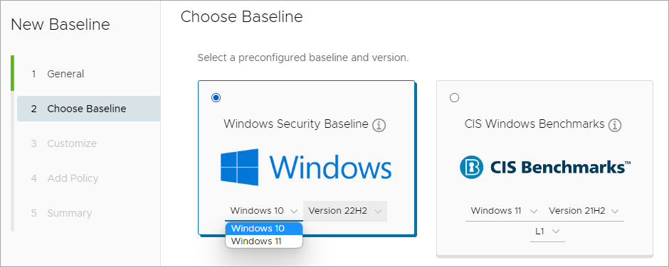 Se muestra la selección de una plataforma y una versión en la lista desplegable de la plantilla de línea base de seguridad de Windows