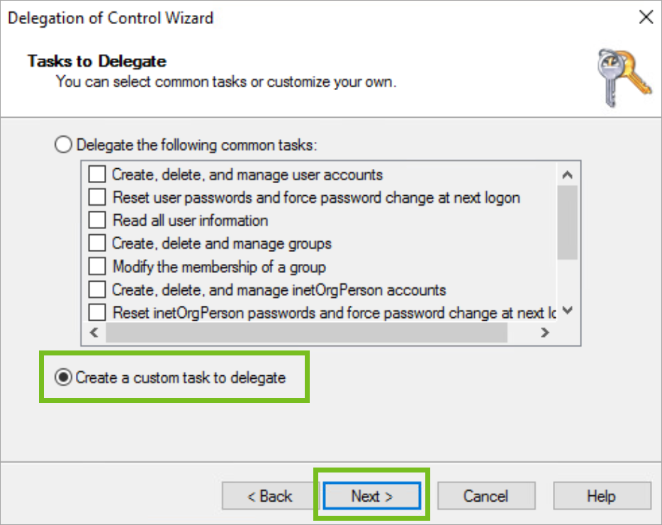 La ventana Tareas para delegar se muestra con la opción Crear una tarea personalizada seleccionada y el botón Siguiente seleccionado