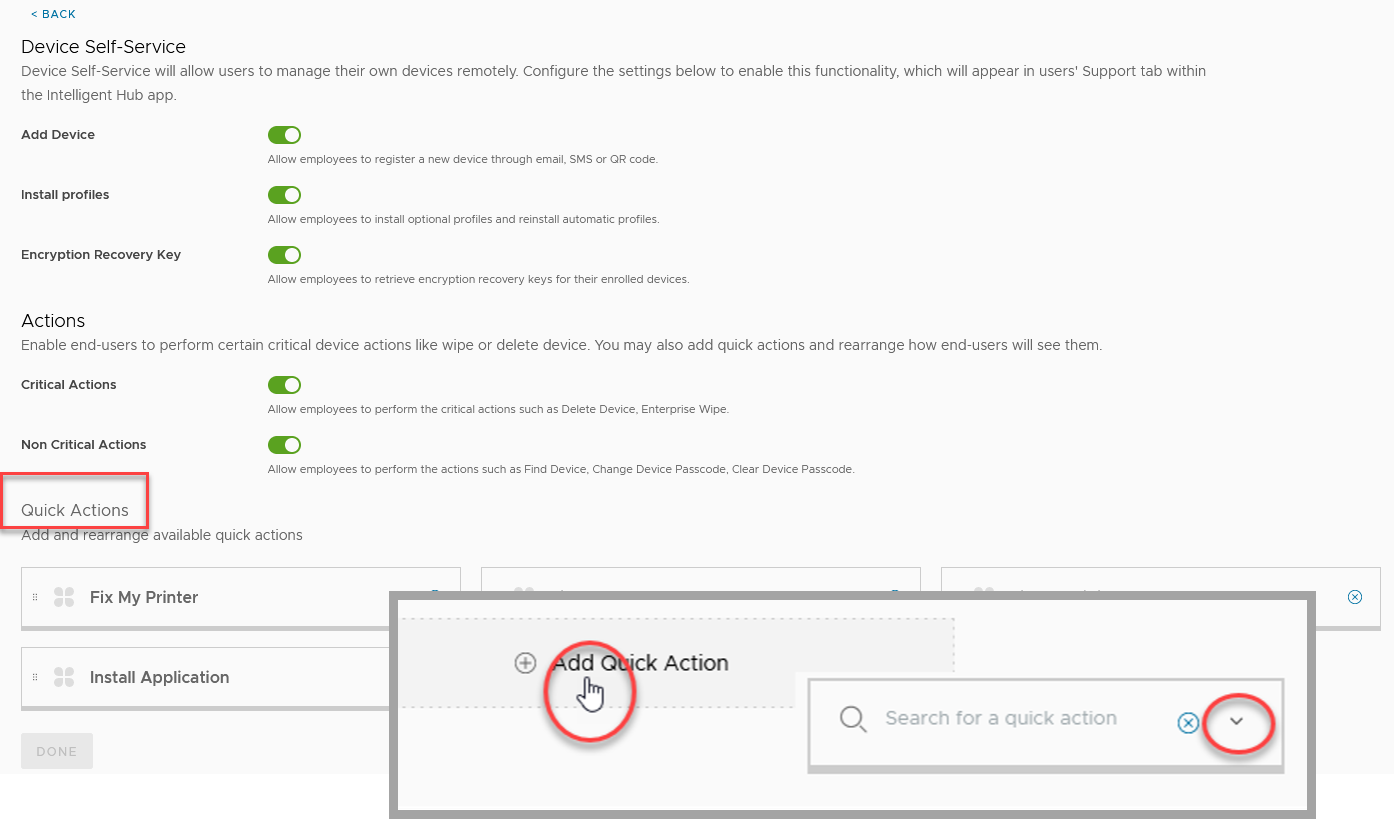 Configurar acción rápida de autoservicio de Servicios de Hub