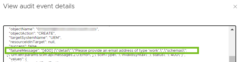 En la ventana emergente, "failureMessage" indica un mensaje de tipo: "Proporcione una dirección de correo electrónico de tipo trabajo" (Please provide an email address of type work).