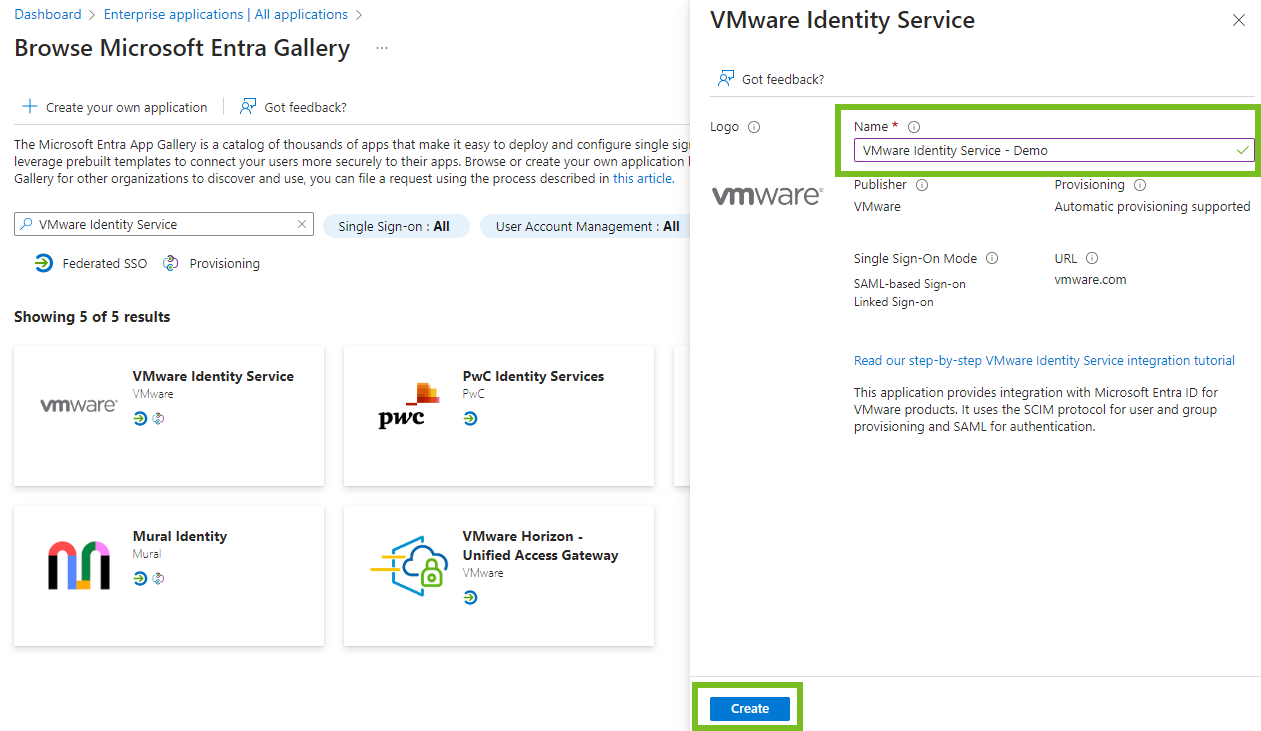 Este ejemplo crea una nueva aplicación llamada VMware Identity Service - Demo.