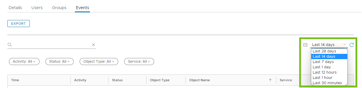 El menú desplegable de intervalo de tiempo se encuentra en la parte superior derecha de la pestaña Eventos. El valor predeterminado es 14 días.