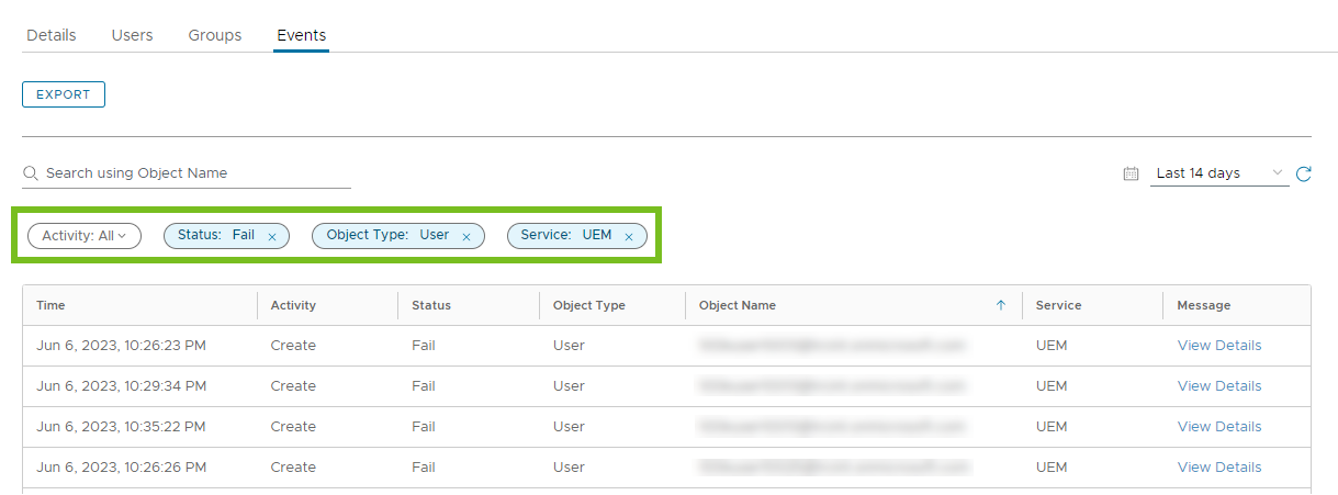 Los filtros aplicados son "Status:Fail", "Object Type: User" y "Service: UEM".