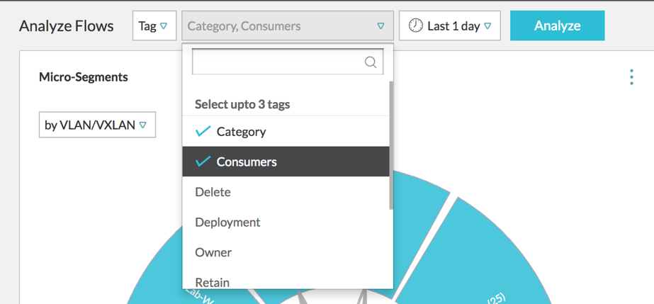 Etiquetas categoría y consumidores seleccionadas en el menú desplegable Analizar flujos.