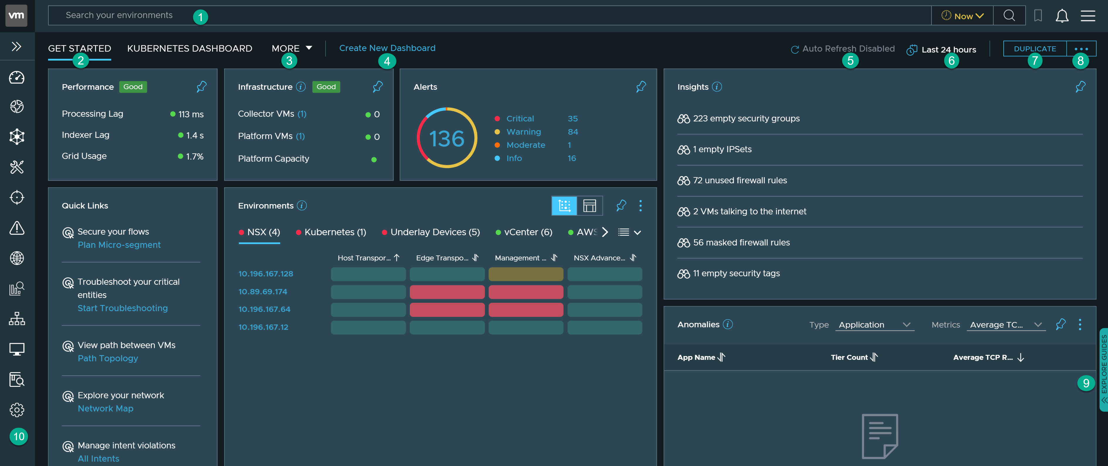 La página de inicio de vRealize Network Insight muestra el panel de control Comenzar.