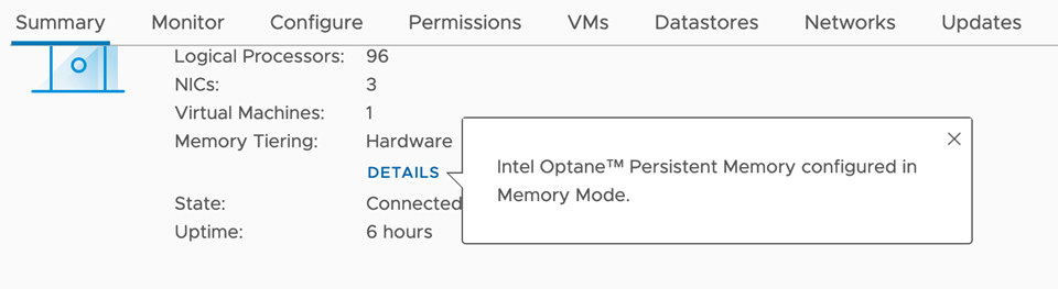  La captura de pantalla muestra que el sistema está en modo de memoria en la pestaña Resumen del host en Hardware de niveles de memoria con detalles adicionales. 