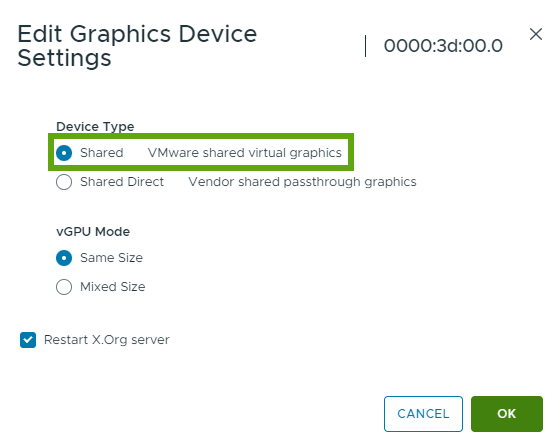 Ventana Editar la configuración de dispositivos de gráficos