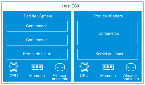 Host ESXi que contiene dos cuadros de pod de vSphere. Cada pod de vSphere tiene contenedores que se ejecutan dentro de él, un kernel de Linux, memoria, CPU y recursos de almacenamiento.
