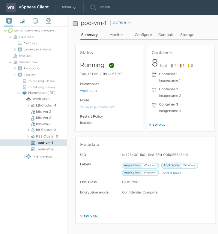 El Modo de cifrado: Cálculo confidencial aparece para el pod de vSphere