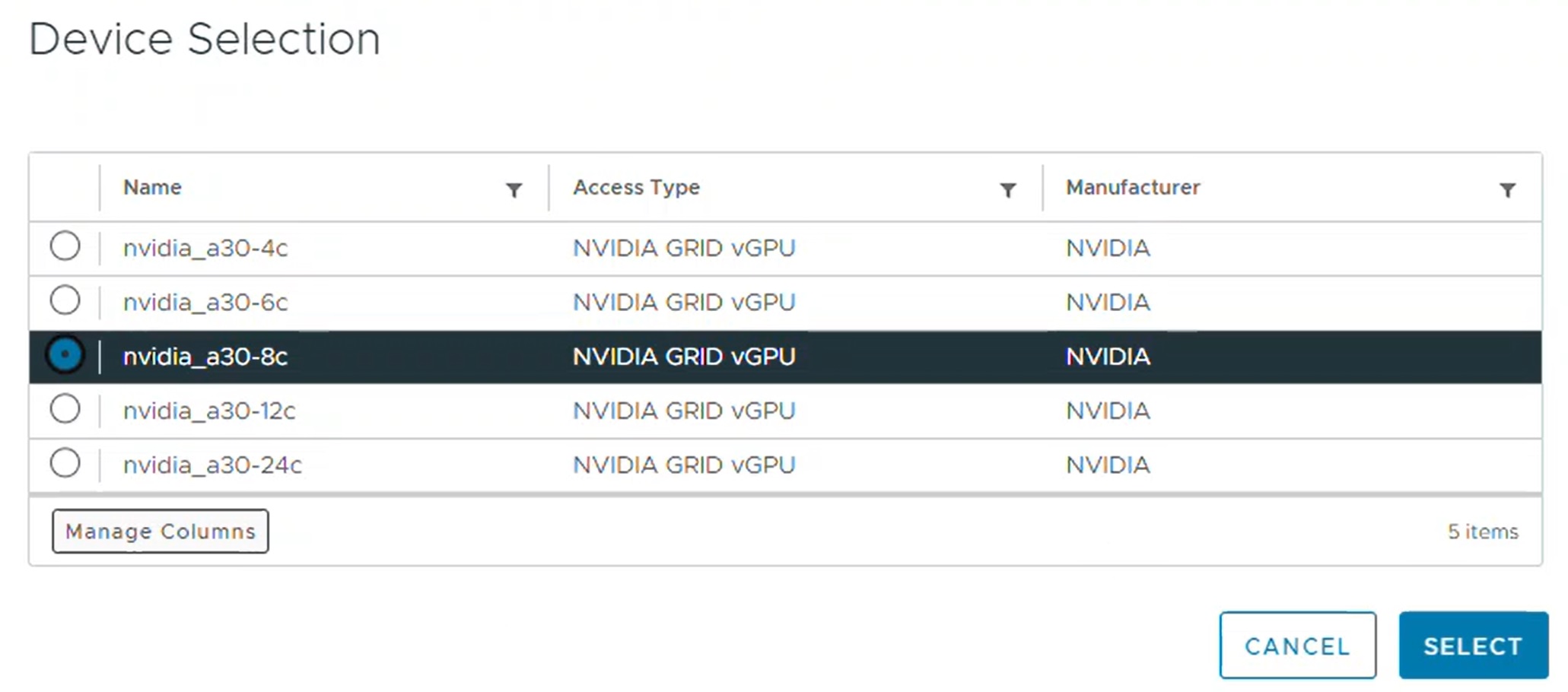 Selección de dispositivo vGPU de NVIDIA