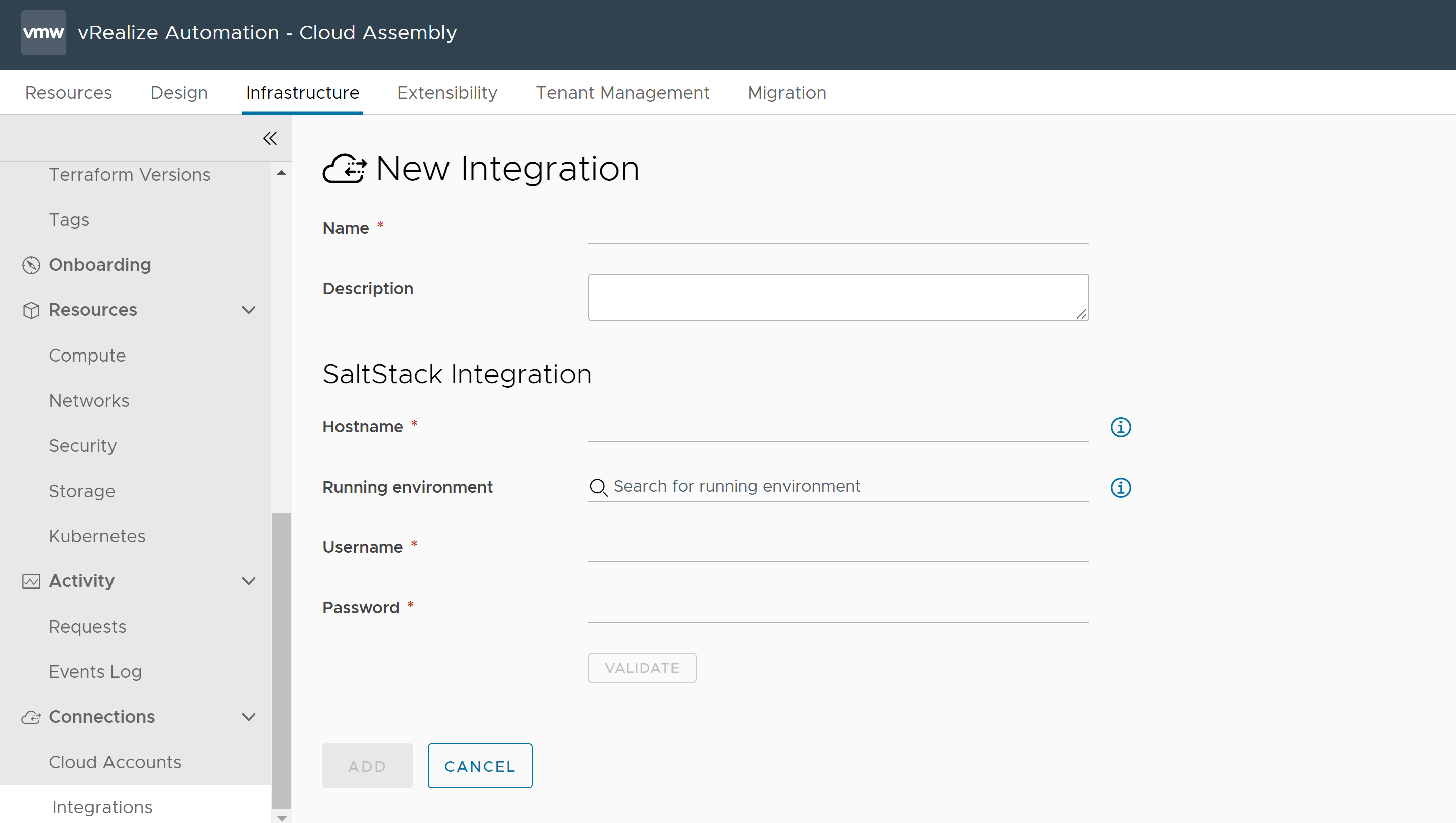 Formulario para crear una integración nueva en Cloud Assembly