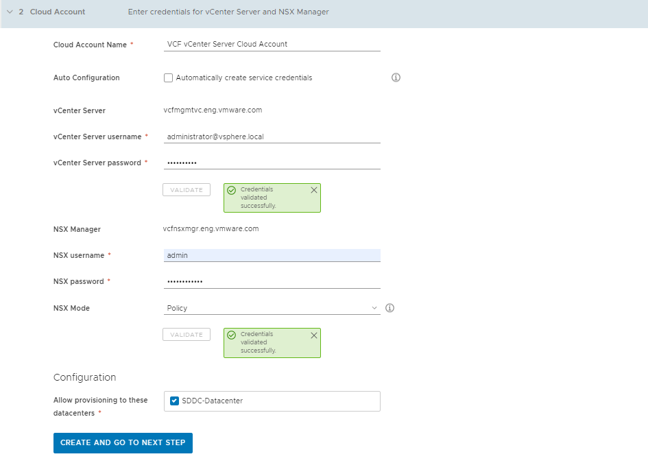 Compruebe la instancia de vCenter Server y proporcione las credenciales.