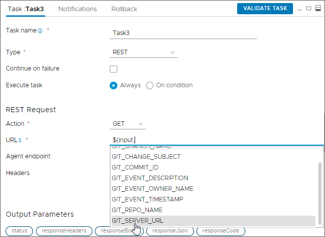 Cuando se agrega la variable de enlace introduciendo el signo de dólar en el área de texto URL y se selecciona entrada, se muestran los parámetros de entrada de Git disponibles para seleccionarse.