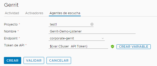 Para las instancias locales, el agente de escucha del activador de Gerrit utiliza un endpoint de Gerrit y un token de API, que se pueden generar desde la pestaña Agentes de escucha al hacer clic en GENERAR TOKEN.
