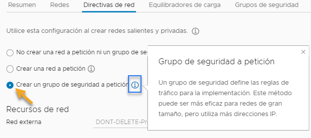 Interfaz de usuario del perfil de red que muestra la opción seleccionada Crear un grupo de seguridad a petición.