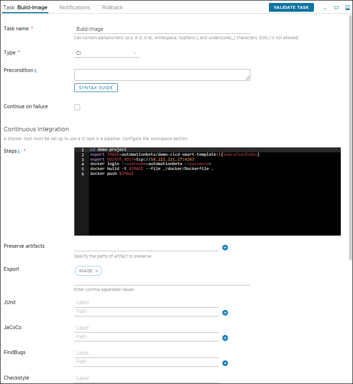 Para publicar la imagen en el host de Docker, agregue los pasos y la clave de exportación a la tarea de CI.
