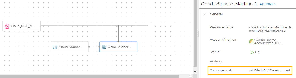 Captura de pantalla de la página de topología de implementación con la máquina de vSphere seleccionada y un cuadro alrededor de Host de recurso informático en el panel derecho.