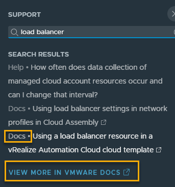 Ejemplo del panel de soporte con "Docs" y el vínculo "Ver más en VMware Docs" resaltados.