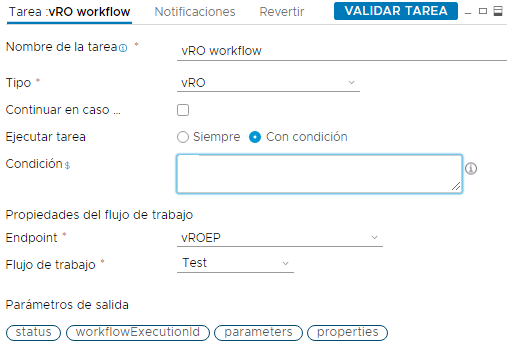 Si debe aplicar condiciones para la tarea vRealize Orchestrator, introdúzcalas en el área Condición.