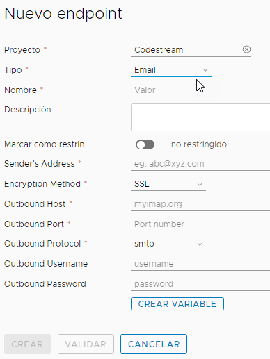 Cuando agregue un endpoint de correo electrónico, establezca el método de cifrado y el protocolo saliente.