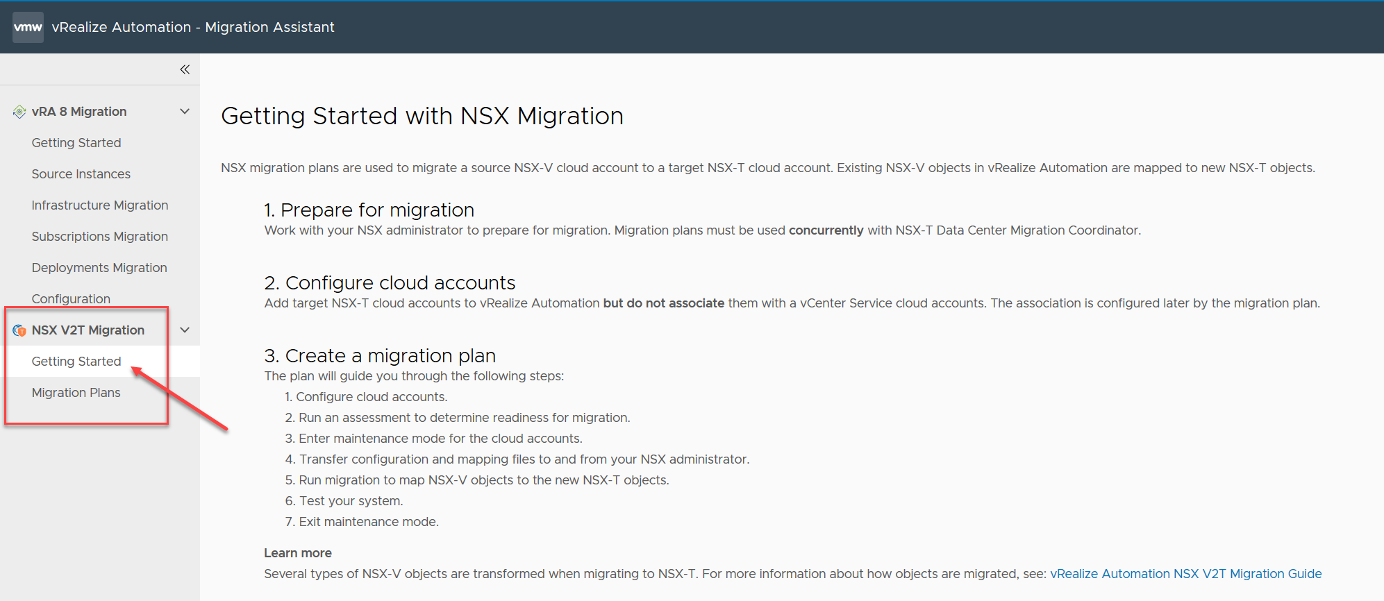 Captura de pantalla de la página de destino de vRealize Automation con la pestaña Servicios y el mosaico del asistente de migración de vRA resaltados.