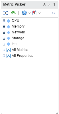 Captura de pantalla del widget que enumera las métricas disponibles, como CPU, memoria, red, almacenamiento, etc.
