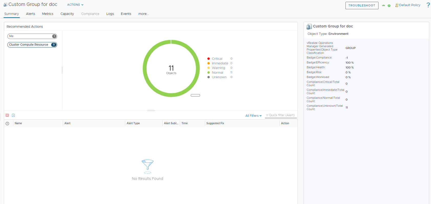 La captura de pantalla muestra el estado del grupo o contenedor seleccionado. Utilice esta pestaña para identificar las alertas activadas para el grupo o un contenedor y comenzar la solución de problemas.