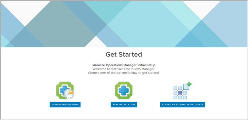 Las opciones de instalación rápida, nueva instalación y expansión de la instalación se representan gráficamente en la página Introducción de vRealize Operations.