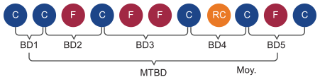 Diagramme indiquant les durées écoulées entre deux livraisons (BD) et comment la durée moyenne entre deux livraisons (MTBD) est calculée.