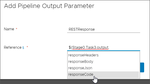 Dans l'onglet Sortie sur le pipeline, vous pouvez ajouter un paramètre de sortie et sélectionner un paramètre de réponse REST issu de la liste qui s'affiche.