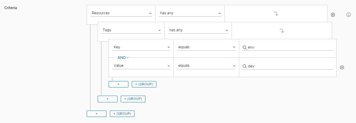 Exemple d'expression de critères de déploiement simple d'une paire de valeurs clés telle qu'elle s'affiche dans l'interface utilisateur.