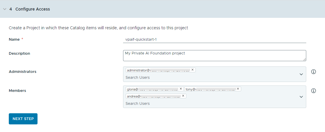 L'étape 4 de l'assistant de configuration de catalogue consiste à configurer l'accès des utilisateurs aux éléments du catalogue.