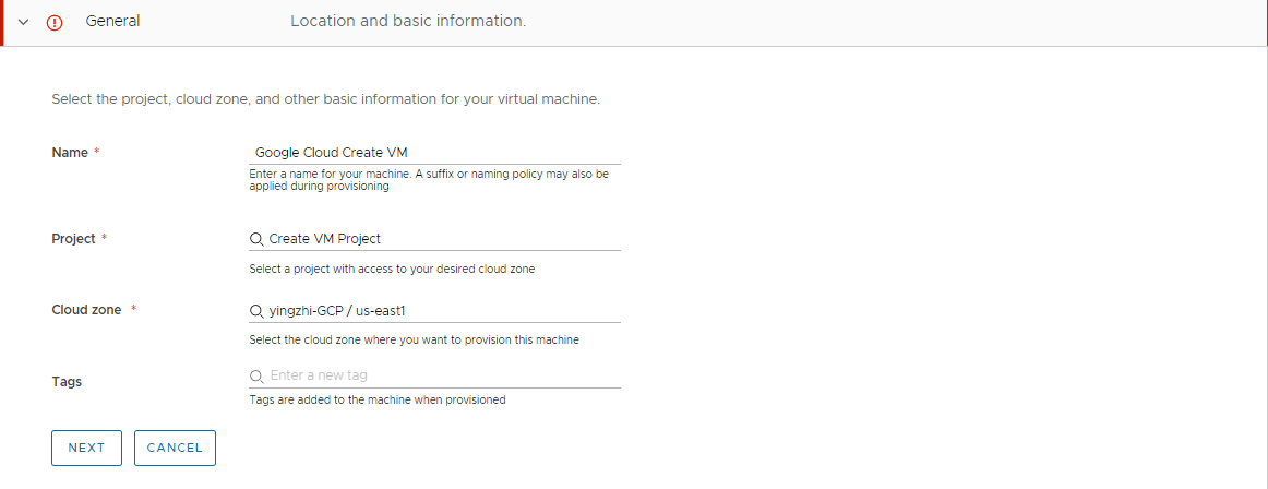 Première page de l'assistant Créer une VM. Vous fournissez le nom de la machine, le projet et la zone de cloud.