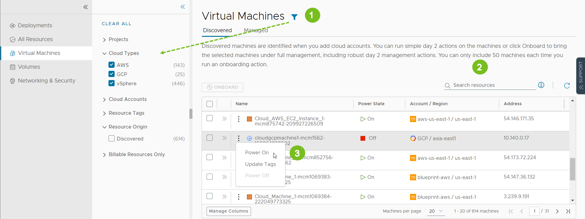 Page de ressources avec le menu Actions indiquant les actions disponibles à exécuter sur la machine sélectionnée.