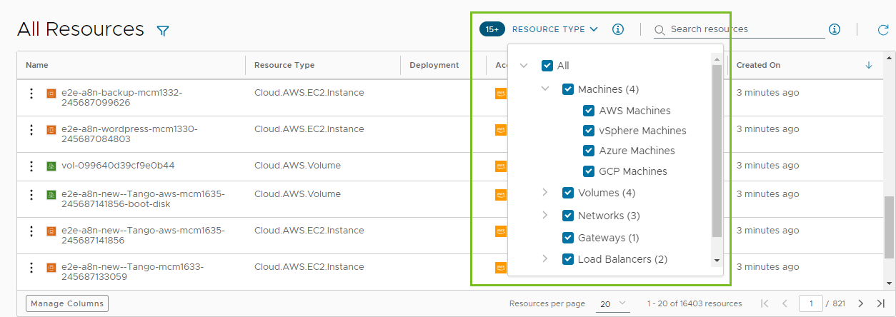 Capture d'écran de la page Toutes les ressources avec la vignette Type de ressources ouverte et active.