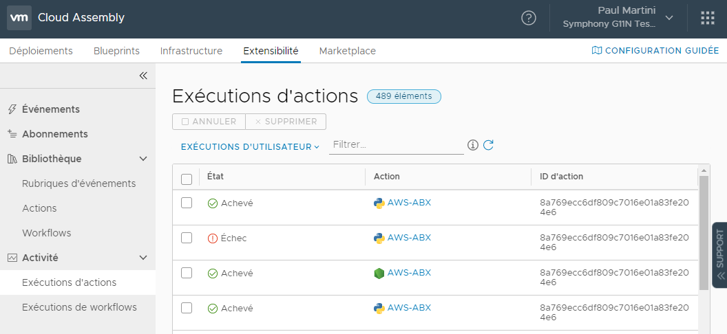 La page Exécutions d'actions affiche l'état de vos exécutions d'action terminées. L'état des exécutions d'action peut être Terminé ou Échec.