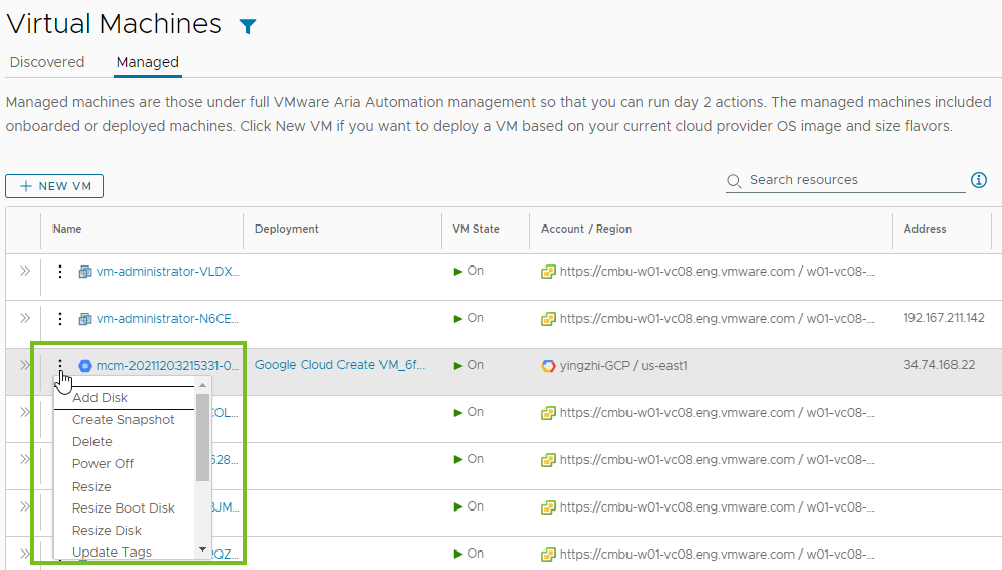 Page Machine virtuelle dans laquelle le menu Actions est actif pour l'exemple du didacticiel.