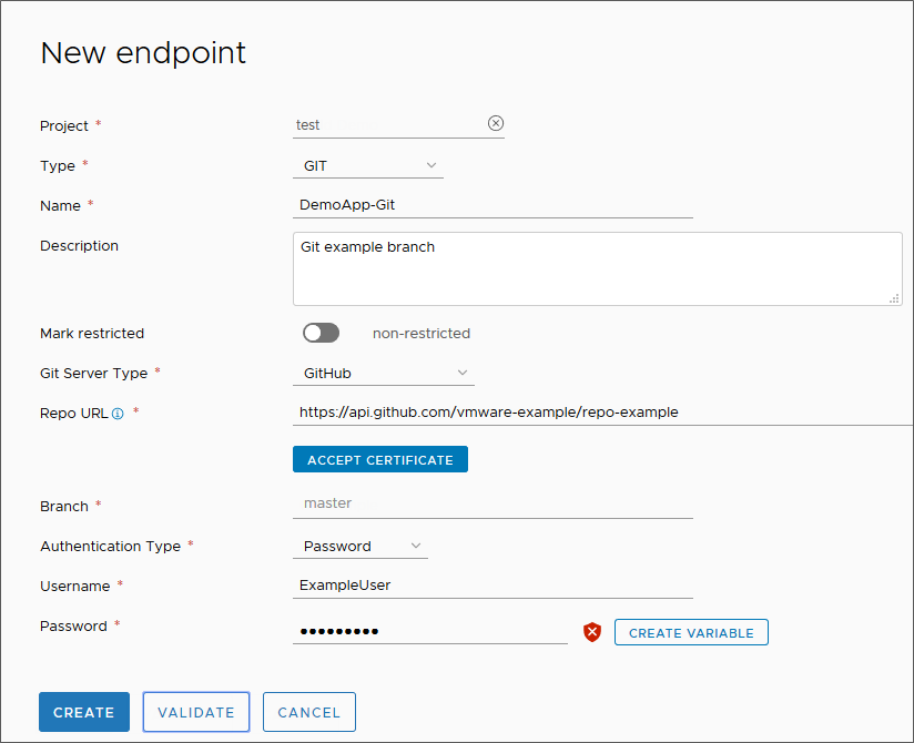 Lorsque vous ajoutez un point de terminaison Git, la définition du point de terminaison est terminée une fois que vous avez entré les informations, validé le point de terminaison et cliqué sur Créer.