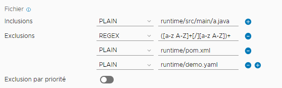 Les inclusions et les exclusions de fichiers s'affichent sous forme de paires SIMPLE ou REGEX avec des valeurs.